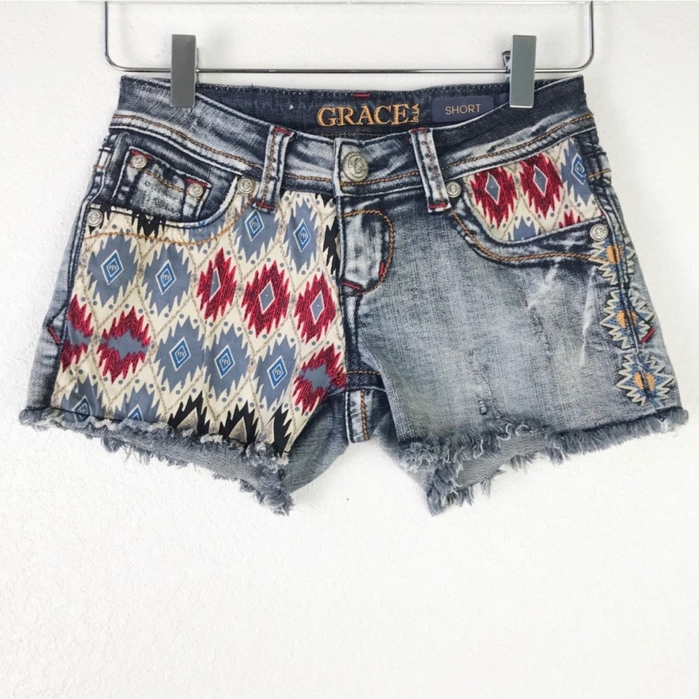 Grace in LA Aztec Southwest Fabric Distressed Raw Hem Low Rise Festival Shorts